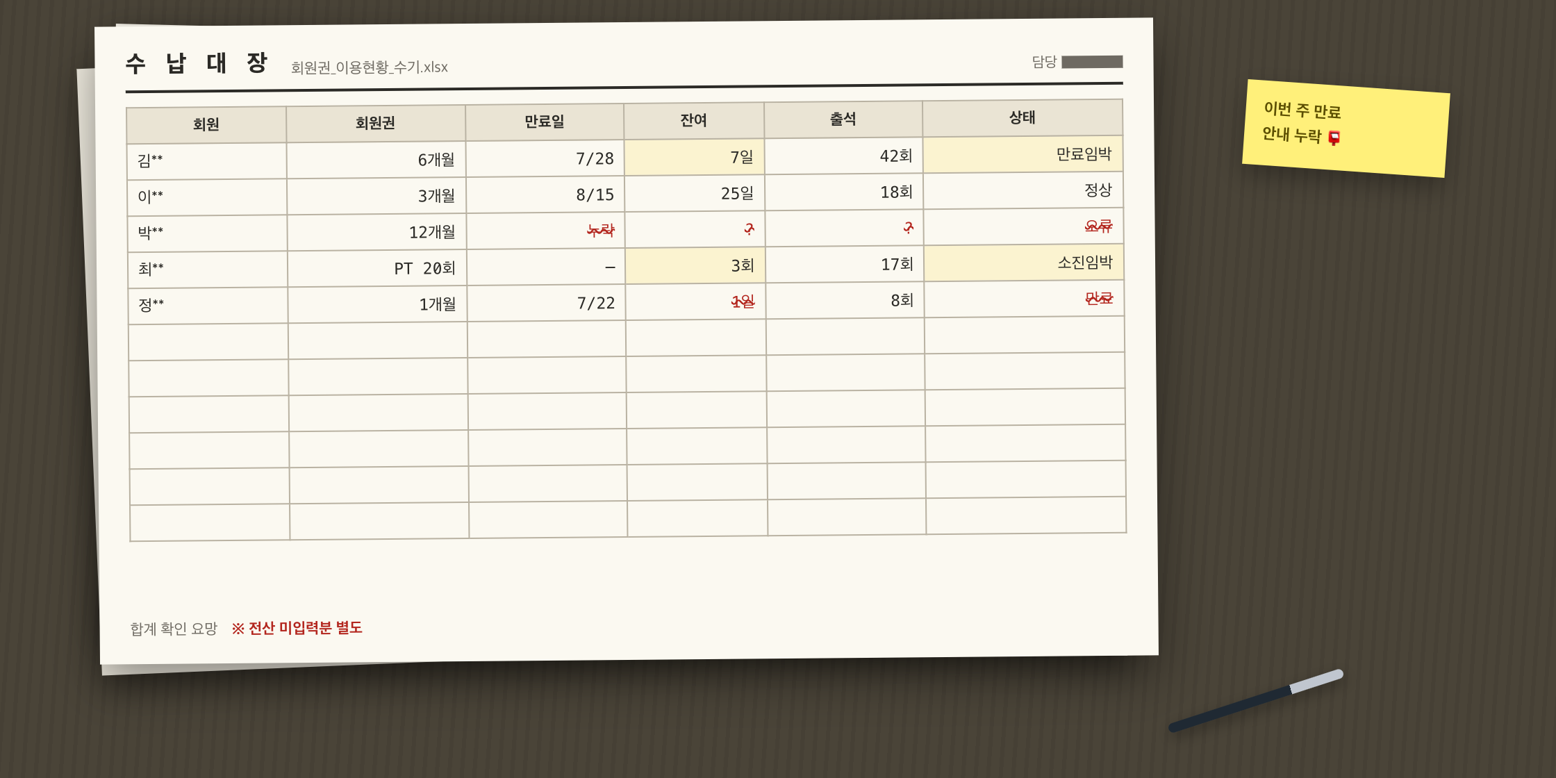 수기 관리 화면